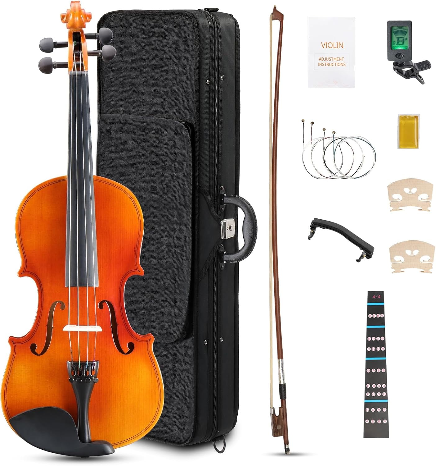 HarmonyStrings Violin 4/4 Full Size Set Fiddle, Acoustic Violins Complete Kit with Handcrafted Board, Starter Lightweight Hard Case for Beginners Matte