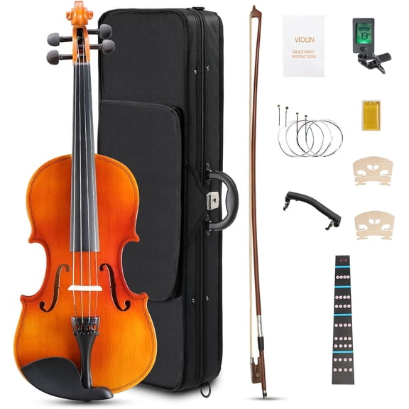 HarmonyStrings Violin 4/4 Full Size Set Fiddle, Acoustic Violins Complete Kit with Handcrafted Board, Starter Lightweight Hard Case for Beginners Matte