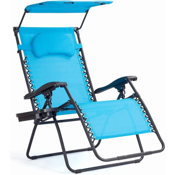 HarmonyStrings Zero Gravity Chair with Shade Canopy, Reclining Lounge Chair with Adjustable Canopy Headrest, 0-170 Degrees Recliner & Cup Holder, Folding Zero Gravity Lawn Chair-Baby Blue