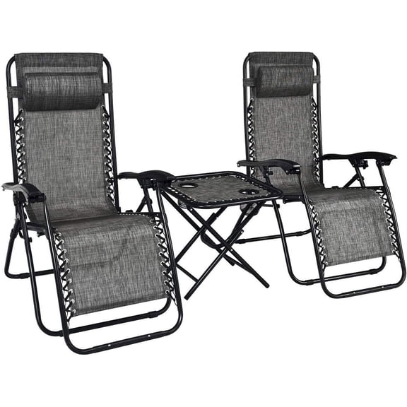 HarmonyStrings Zero Gravity Chairs Set of 2, 3 PCS Folding Zero Gravity Lawn Chair Set with Side Table Cup Holders & Adjustable Headrest, Zero Gravity Lounger for Patio Poolside-Grey