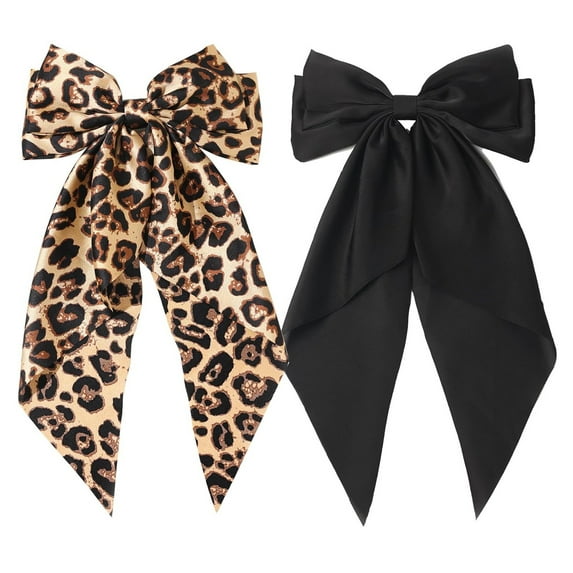 Harmtty 1/2Pcs Women Hair Bow Smooth Satin Bowknot Hair Clips Leopard Print Long Tail Design Hair Accessories