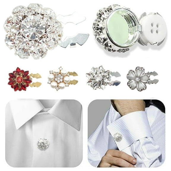 Harmtty 1/6Pcs Button Covers Faux Pearls Shiny Rhinestone Flower Shape Button Clip with Pliers Press Dress Suit Tux Accessories