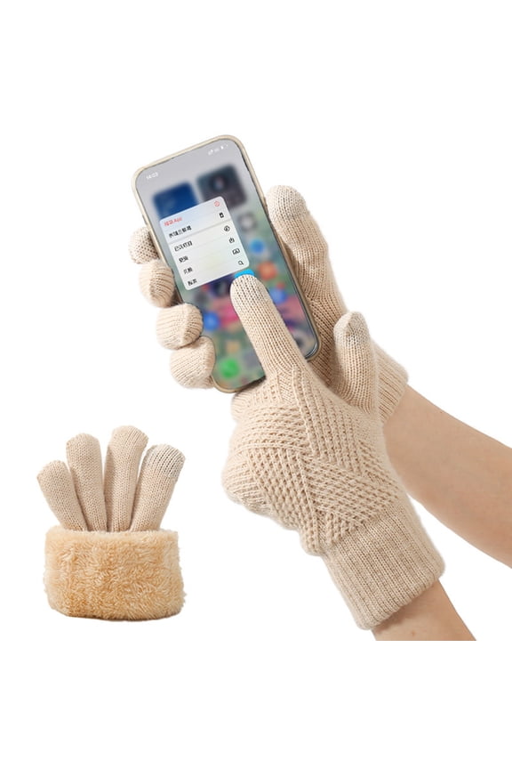 1 Pair Winter Knitted Gloves Thick Plush Solid Color Double-layered Screen-touching High Elasticity Windproof Keep Warm Cycling Gloves