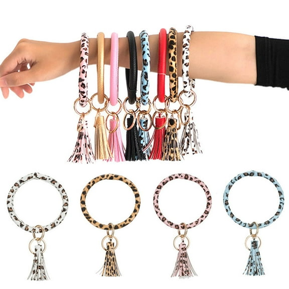 Harmtty Leopard Print Tassel Keychain, Faux Leather with Key Ring Holder, 7.48"