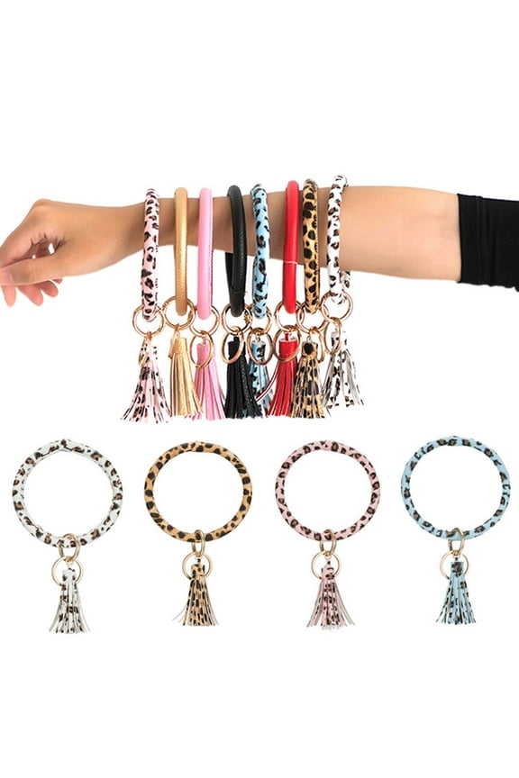 Leopard Print Tassel Keychain, Faux Leather with Key Ring Holder, 7.48"