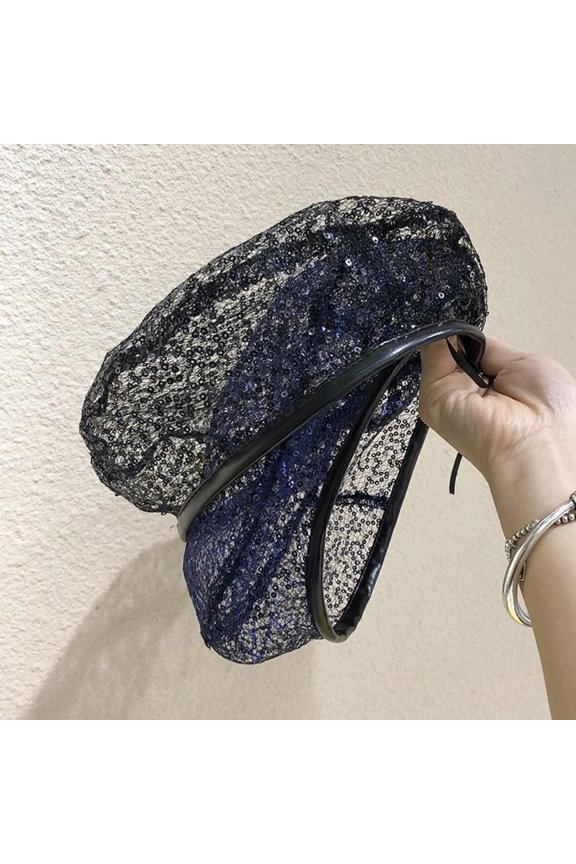 Women Lace Hat Sequin Decor Hollow Out Solid Color Beret Hat Adjustable Head Circumference Thin Prom Party Cosplay Headwear