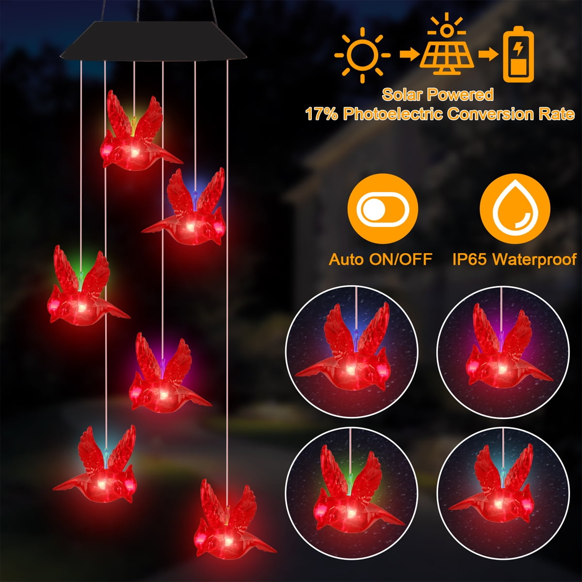 Harnent Solar Cardinal Red Bird Wind Chime Lights, LED Cardinal Mobile