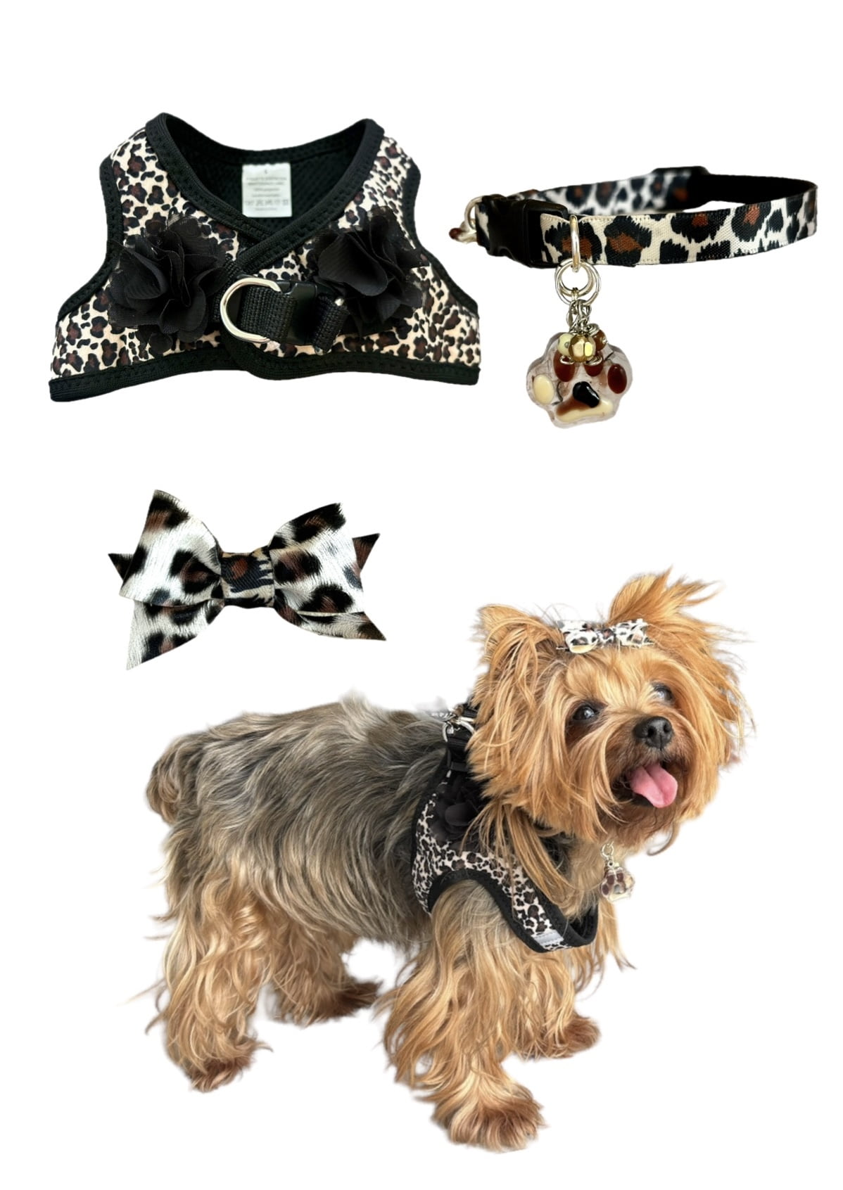 Harness + Collar + Bow for Dogs adjustable Animal Print with flowers Size “S” , Set