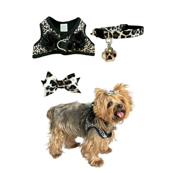 Harness + Collar + Bow for Dogs adjustable Animal Print with flowers Size “S” , Set
