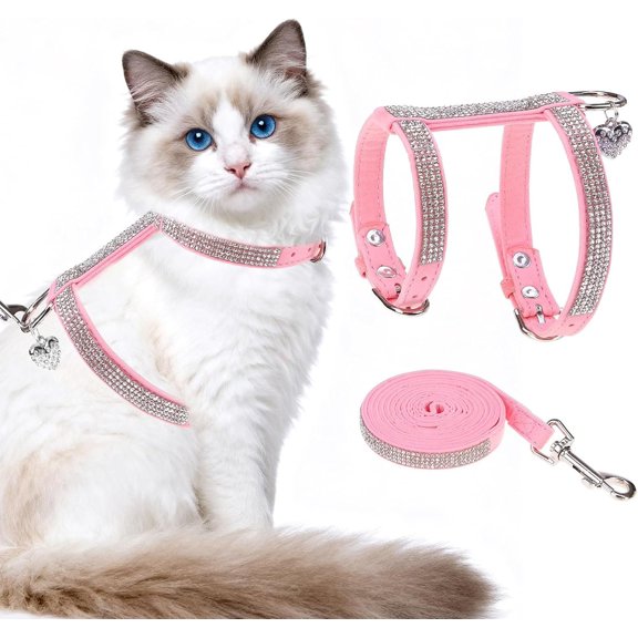 Harness and Leash Set - Escape Proof Adjustable  Harness, H-shped Comfortable Soft Lightweight Kitten Harness for Outdoor Walking, for Small Medium Cats, Rhinestones M