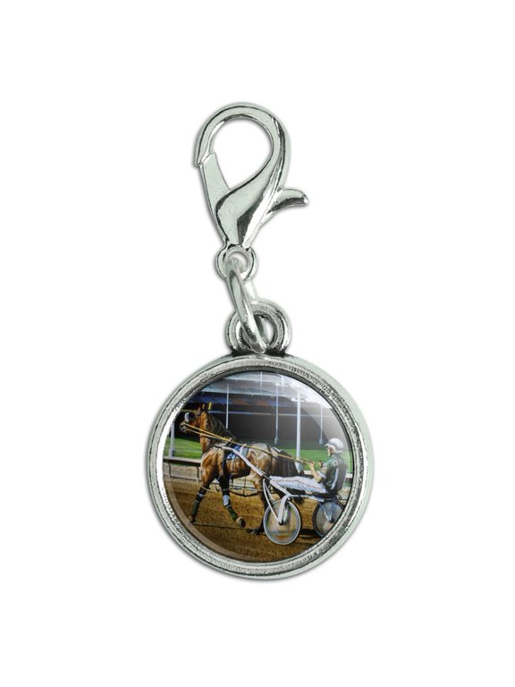 Harness Racing Track Horse Racer Antiqued Bracelet Pendant Zipper Pull Charm with Lobster Clasp