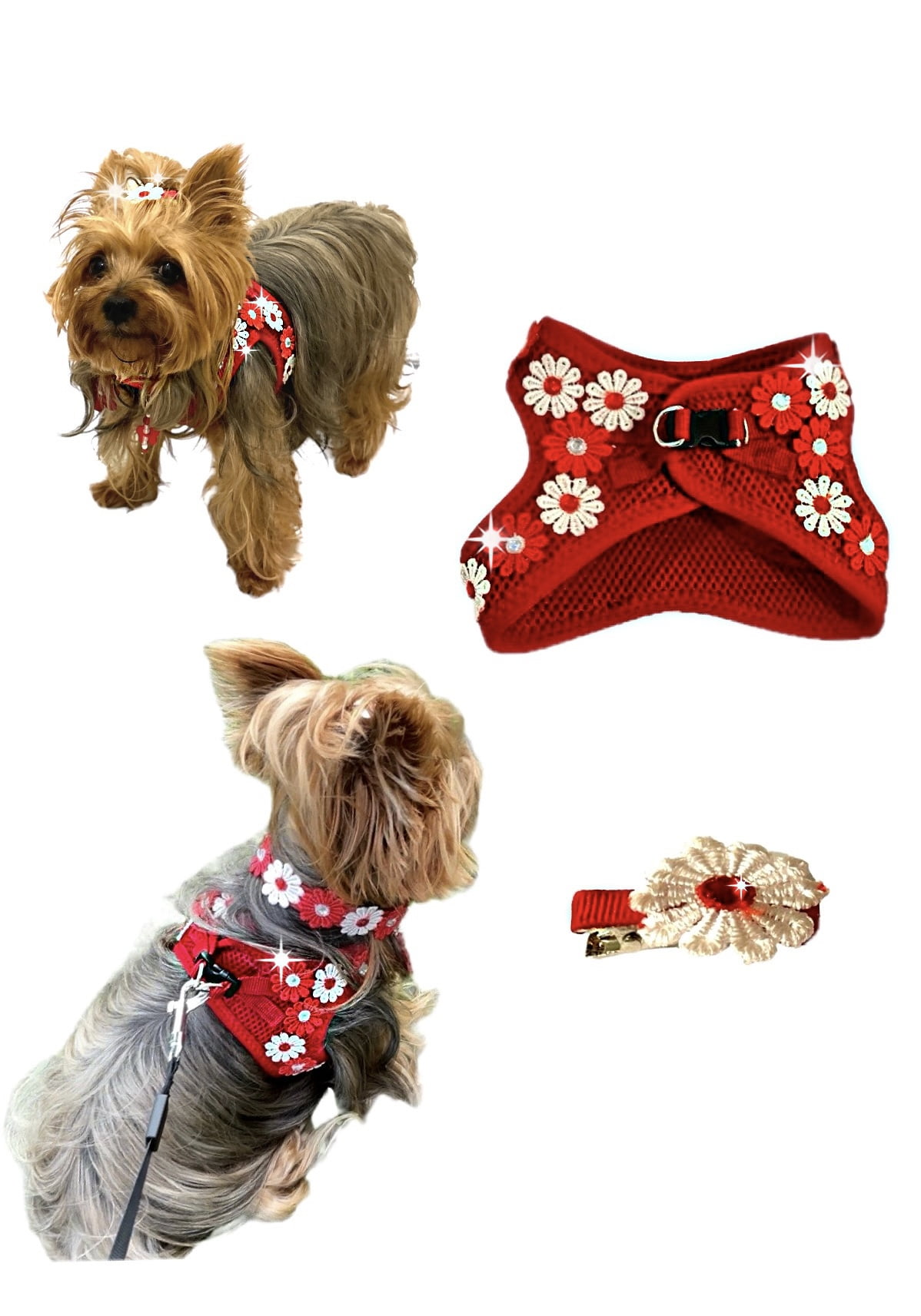 Harness for dogs or cats adjustable with Flower and Stone decoration for Pets. Handmade.