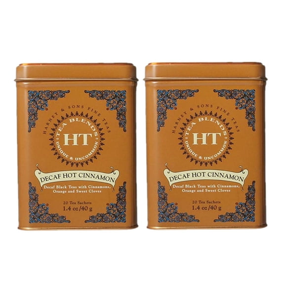 Harney & Sons Decaf Hot Cinnamon Tee Tin 20 Sachets (1.4 oz ea, Two Pack) - Decaffeinated Black Tee Blended with Cinnamon, Orange, and Sweet Cloves - 2 Pack 20ct Sachet Tins (40 Sachets)