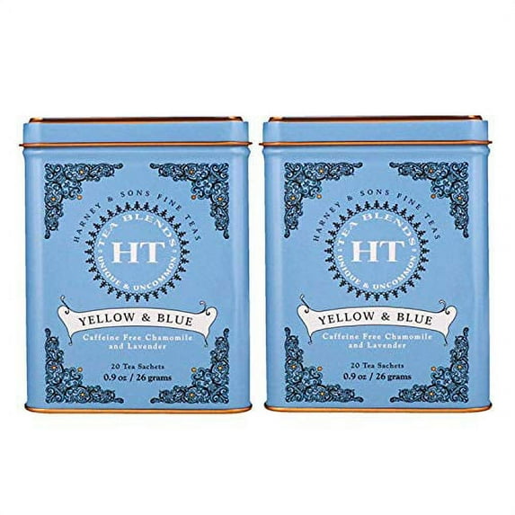 Harney & Sons Yellow and Blue Herbal Tee Tin 20 Sachets (0.9 oz ea, Two Pack) - Herbal Tee Blend of Chamomile, Lavender, and Cornflower - Caffeine Free - 2 Pack 20ct Sachet Tins (40 Sachets)