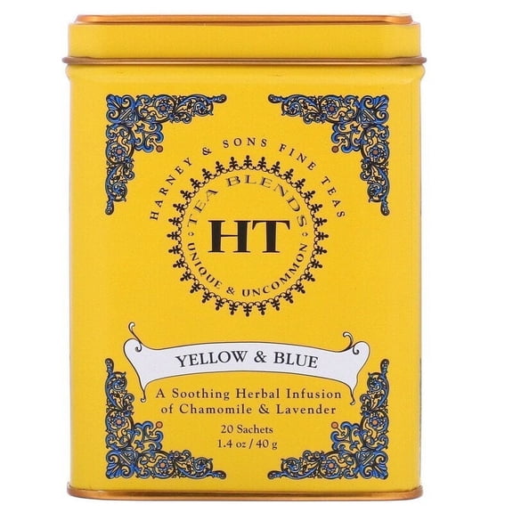 Harney & Sons, HT Tea Blend, Yellow & Blue, Chamomile and Lavender, Caffeine Free, 20 Sachets, 1.4 oz Pack of 3