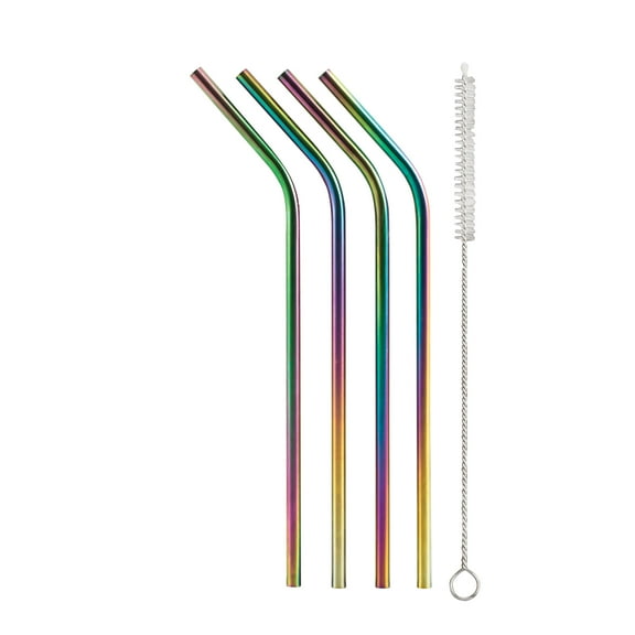 HIC Kitchen Reusable Rainbow Drinking Straws, 18/8 Stainless Steel, Set of 4 Straws with Cleaning Brush