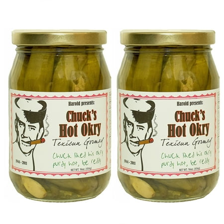 Harold's - Chuck’s Hot Okra - Gourmet Spicy Okra - Packed with Fresh Garlic and Habanero - Made in Texas - 16 oz - 2 Pack