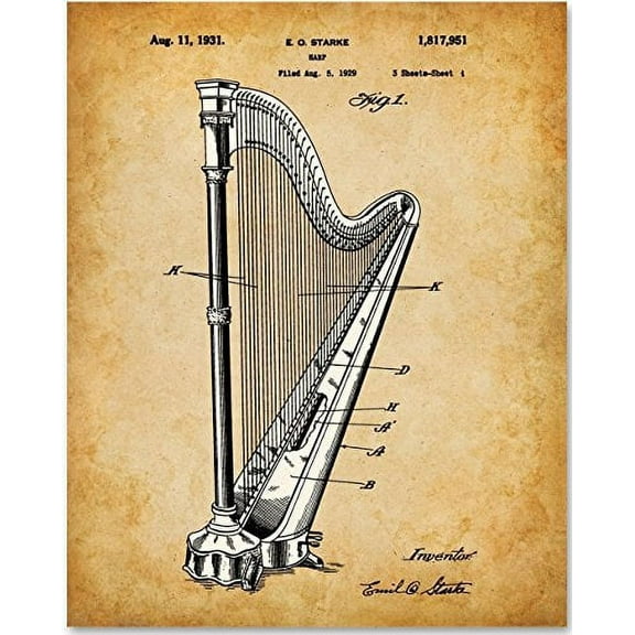 Harp Art Print - 11x14 Unframed Patent Print - Great Gift for Musicians