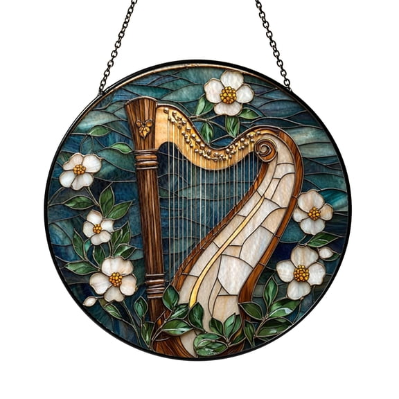 Harp Instrument With Blue Flowers Stained Glass Style Window Hanging Suncatcher, Musical Decor Gift