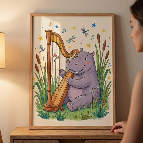 Harp Playing Purple Hippo Musical Nursery Wall Decor Unframed Paper Print