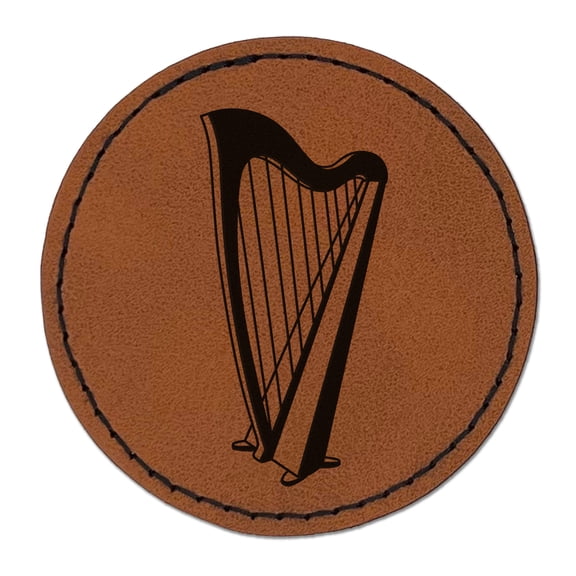 Harp String Instrument 2.5" Faux Leather Round Engraved Iron-On Patch - Brown