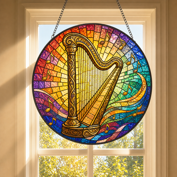 Harp Suncatcher Stained Glass Window Hanging, Music Gift for Harp Lovers
