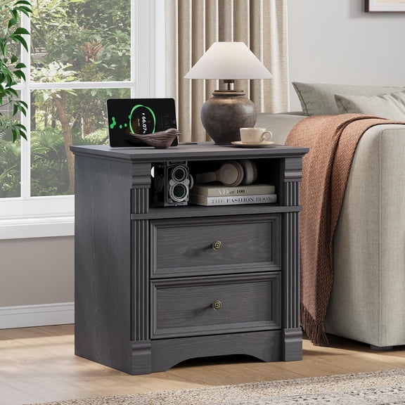 Harpaq Grey Nightstand with Charging Station, Farmhouse Bedside Table, End Table with 2 Drawers and Chic Wood Pilasters Design, Wood Side Table with Metal Handles for Bedroom, Living Room