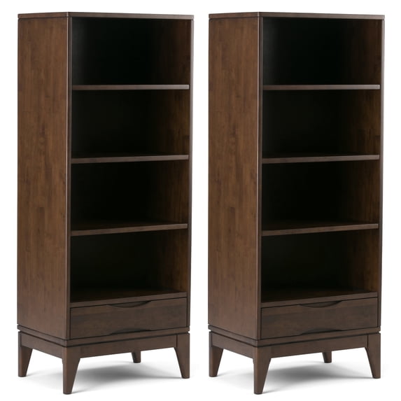 Simpli Home Harper 24W 4 Shelf Bookcase with Drawer (Set of 2) in Walnut Brown