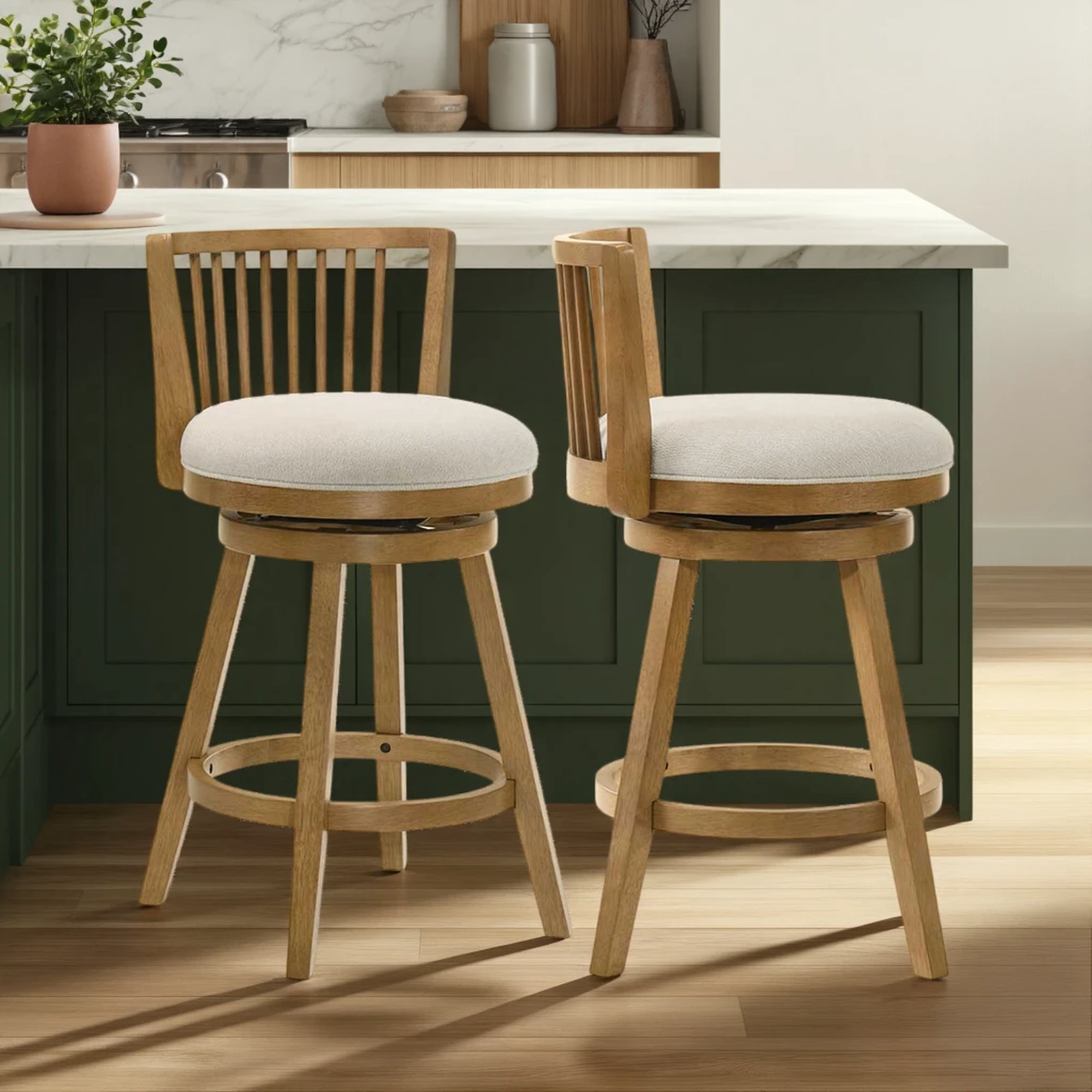Harper 26 in. Amber Glow Counter Height Rubberwood Swivel Barstool with Ivory Fabric Seat - Set of 2