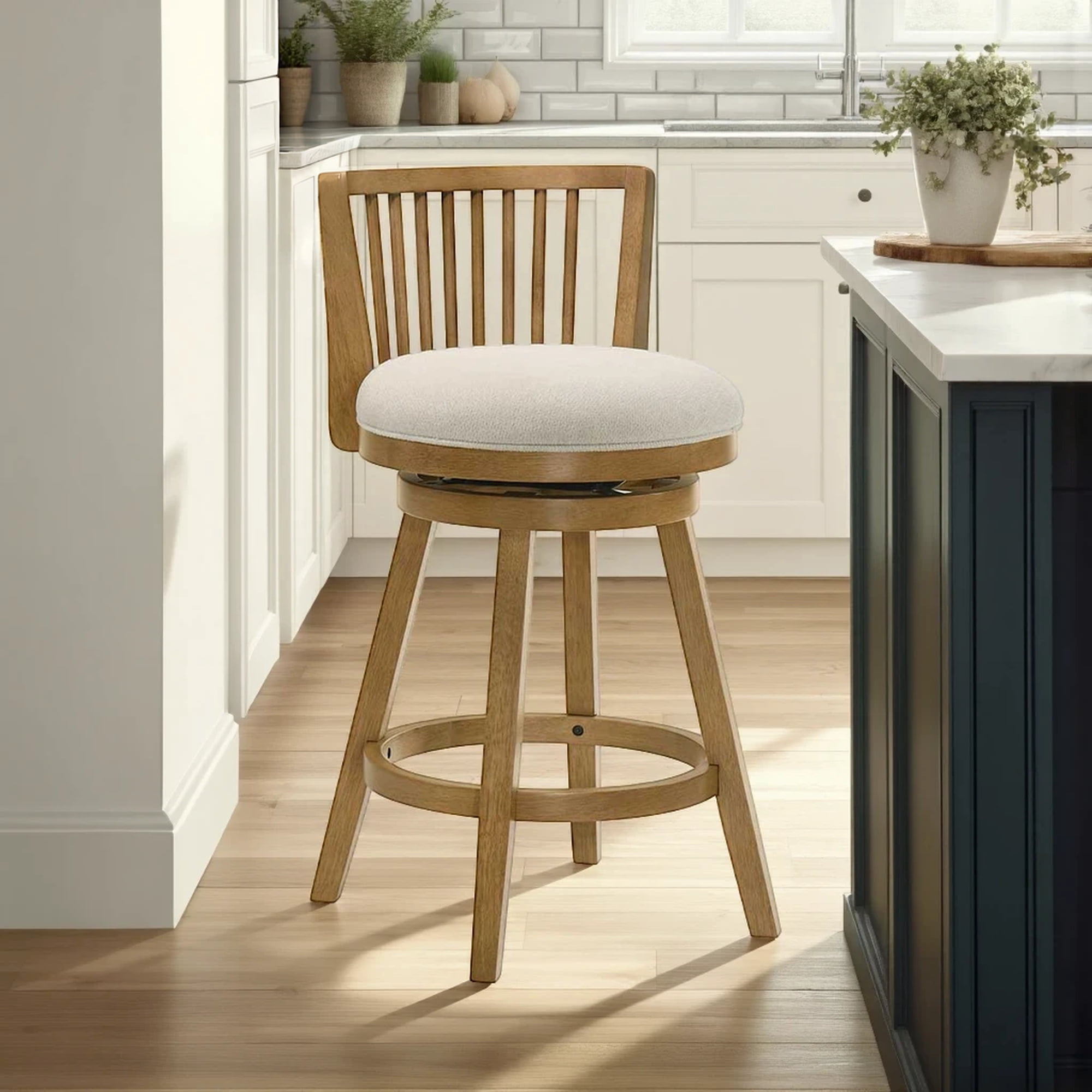 Harper 26 in. Amber Glow Counter Height Rubberwood Swivel Barstool with Ivory Fabric Seat - Set of 3