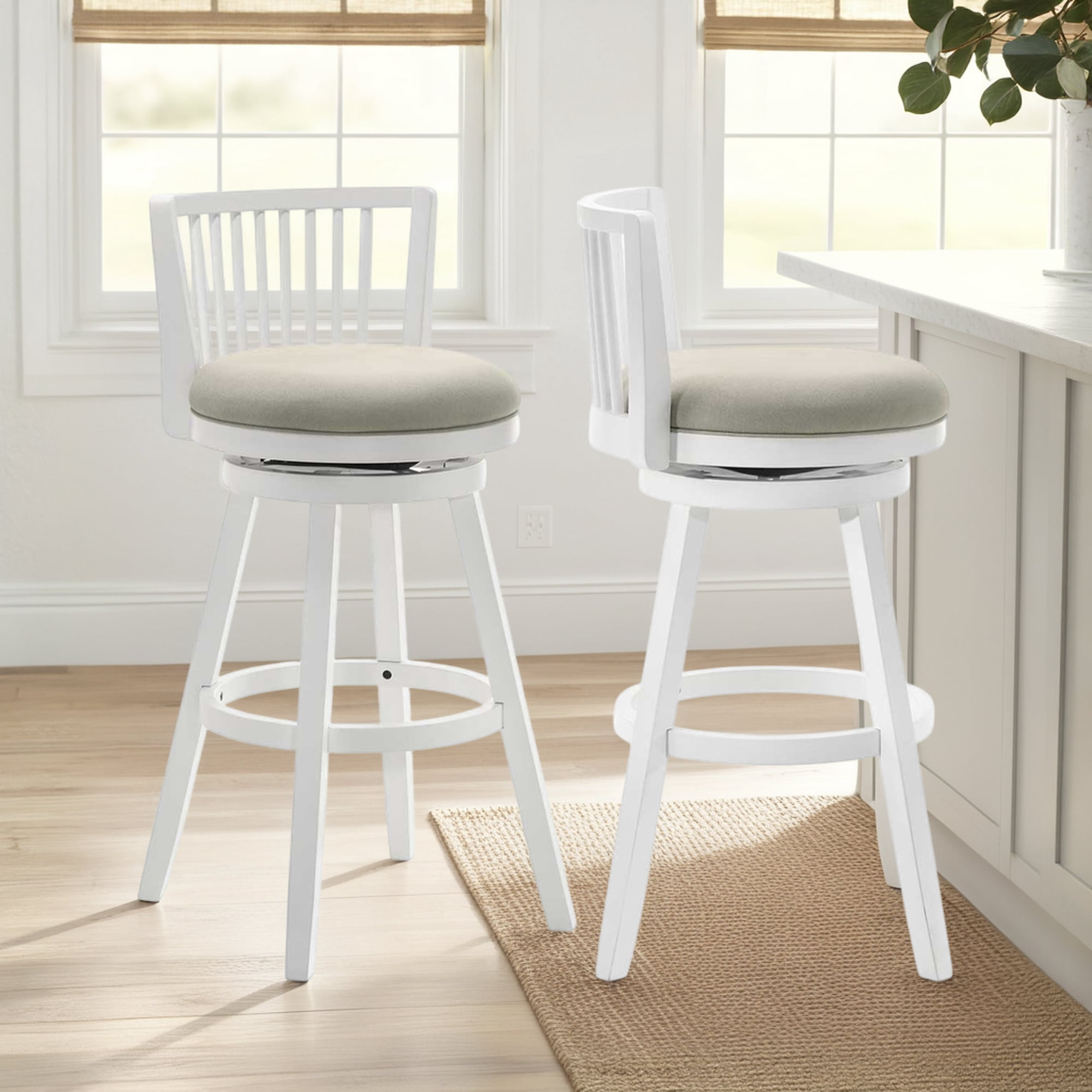 Harper 26 in. Matte White Counter Height Rubberwood Swivel Barstool with Fog Fabric Seat - Set of 2
