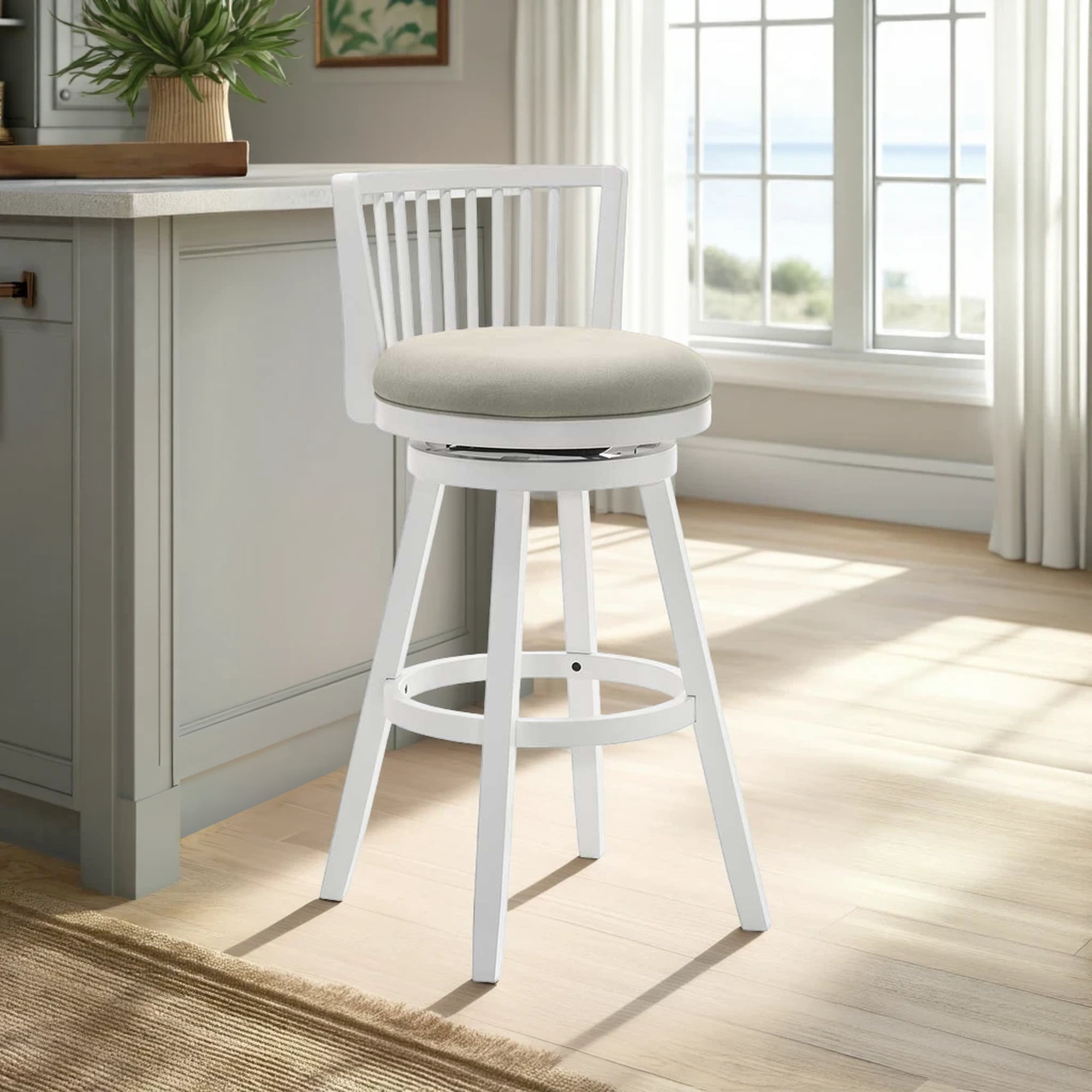 Harper 26 in. Matte White Counter Height Rubberwood Swivel Barstool with Fog Fabric Seat - Set of 3