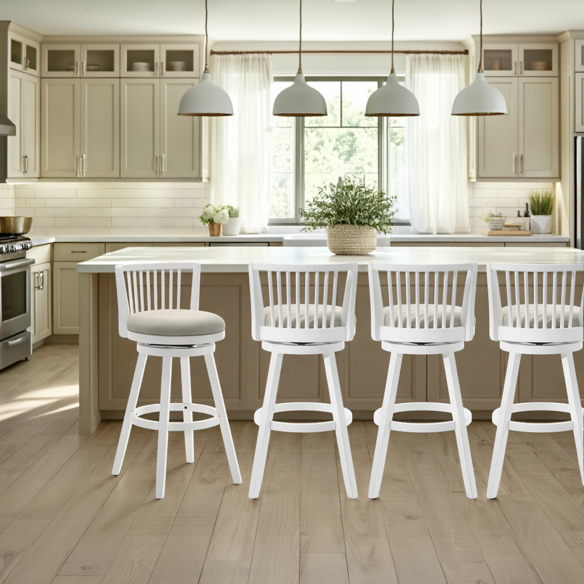 Harper 26 in. Matte White Counter Height Rubberwood Swivel Barstool with Fog Fabric Seat - Set of 4