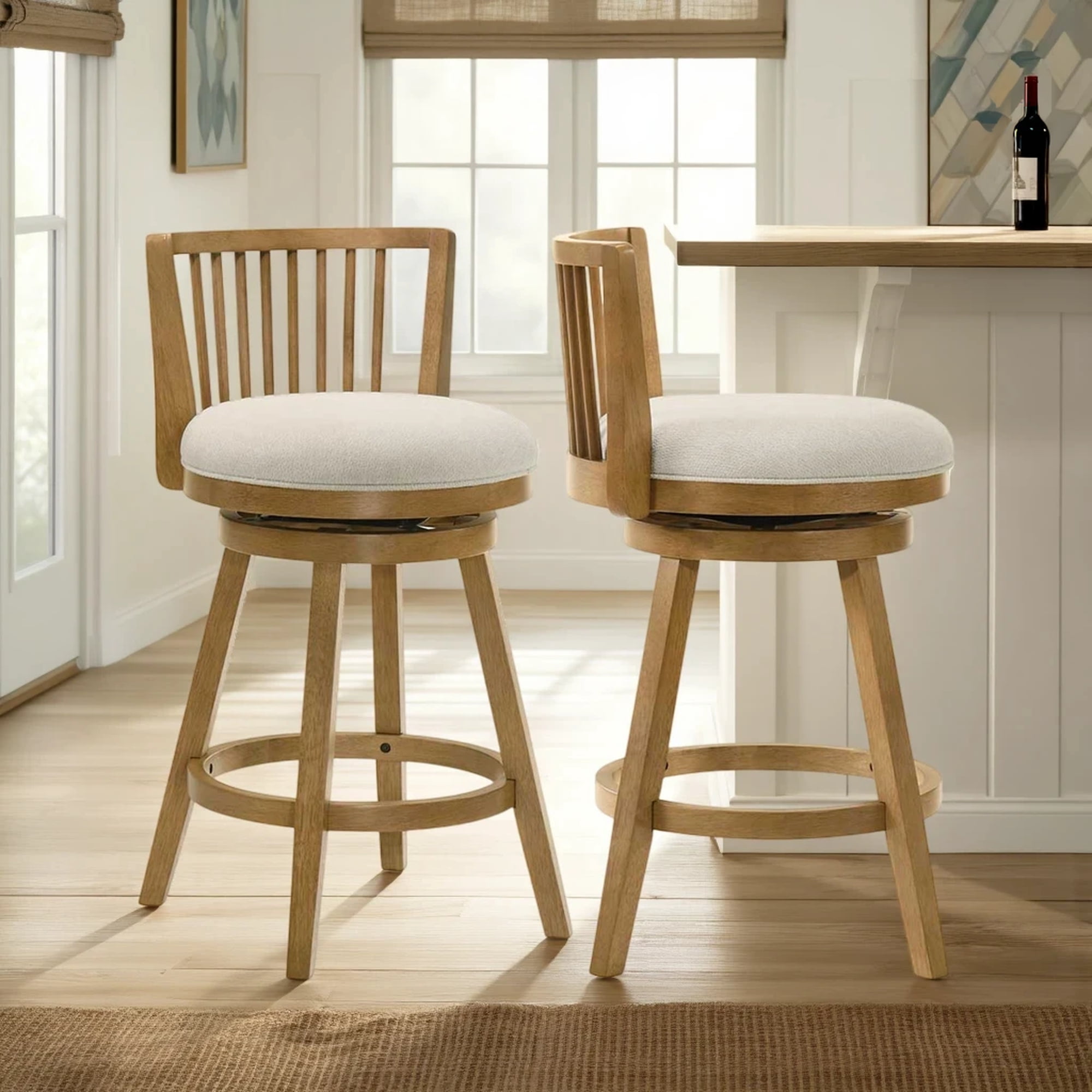 Harper 30 in. Amber Glow Bar Height Rubberwood Swivel Barstool with Ivory Fabric Seat - Set of 2