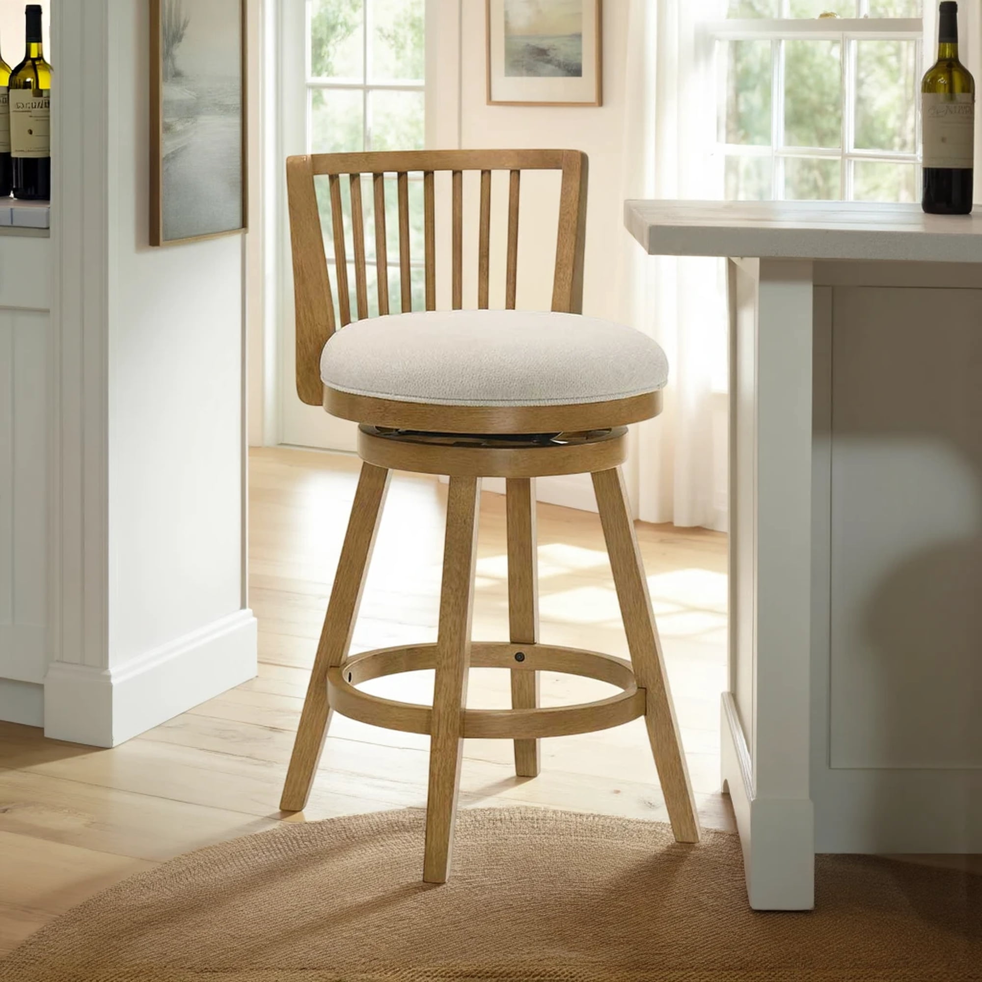 Harper 30 in. Amber Glow Bar Height Rubberwood Swivel Barstool with Ivory Fabric Seat - Set of 3