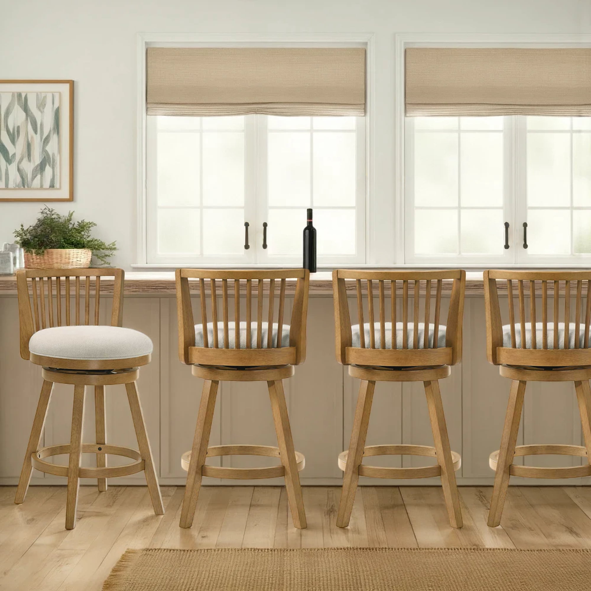 Harper 30 in. Amber Glow Bar Height Rubberwood Swivel Barstool with Ivory Fabric Seat - Set of 4