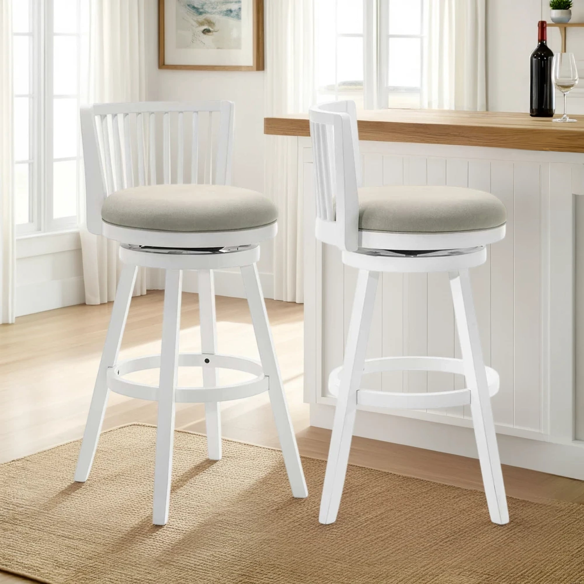 Harper 30 in. Matte White Bar Height Rubberwood Swivel Barstool with Fog Fabric Seat - Set of 2