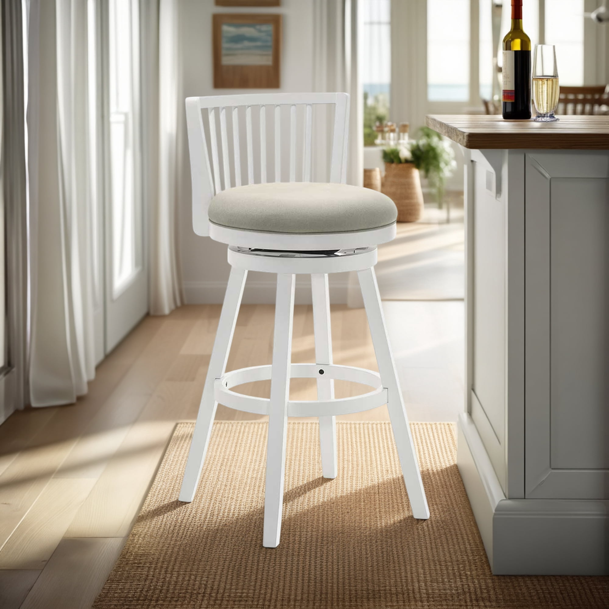 Harper 30 in. Matte White Bar Height Rubberwood Swivel Barstool with Fog Fabric Seat - Set of 3