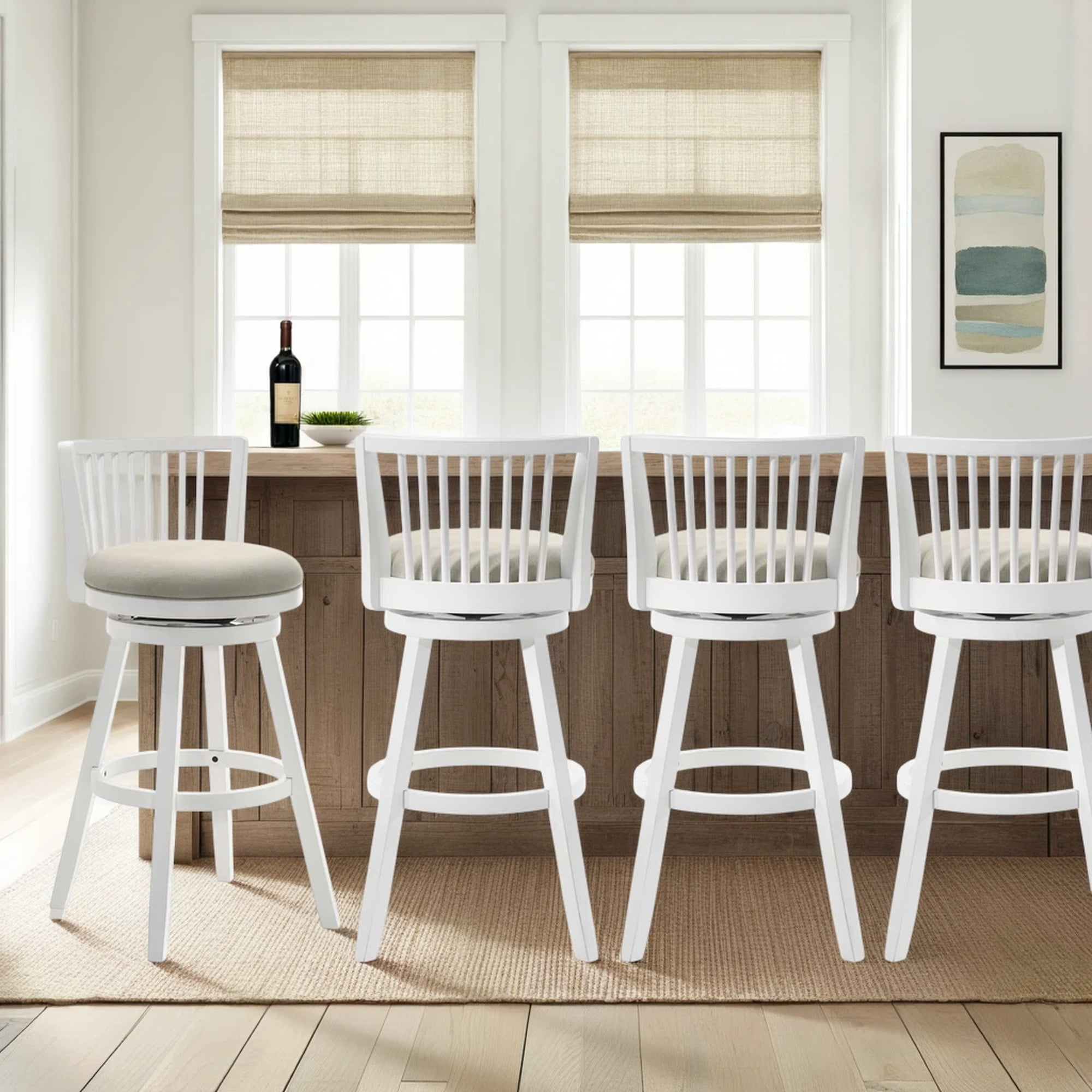 Harper 30 in. Matte White Bar Height Rubberwood Swivel Barstool with Fog Fabric Seat - Set of 4