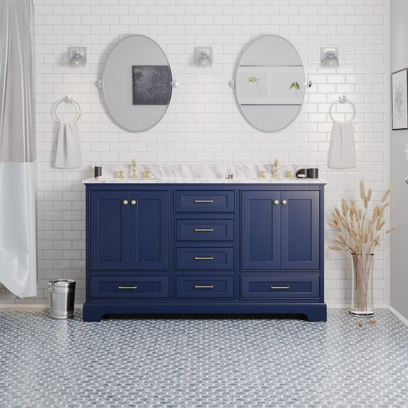 Harper 60" Double Bathroom Vanity with Royal Blue Cabinet and Carrara Marble Top