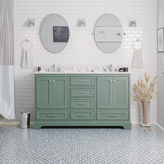 Harper 60" Double Bathroom Vanity with Sage Green Cabinet and Carrara Marble Top