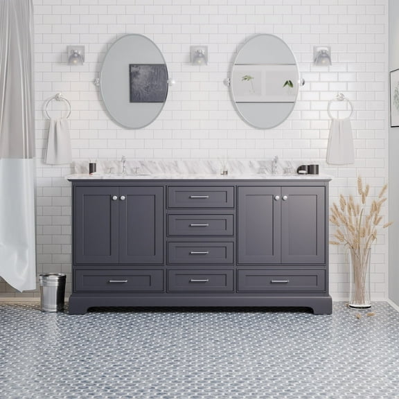 Harper 72" Double Bathroom Vanity with Marine Gray Cabinet and Carrara Marble Top