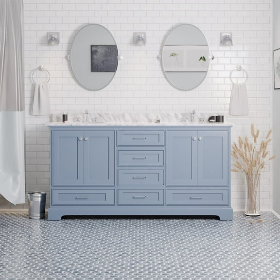 Harper 72" Double Bathroom Vanity with Powder Blue Cabinet and Carrara Marble Top