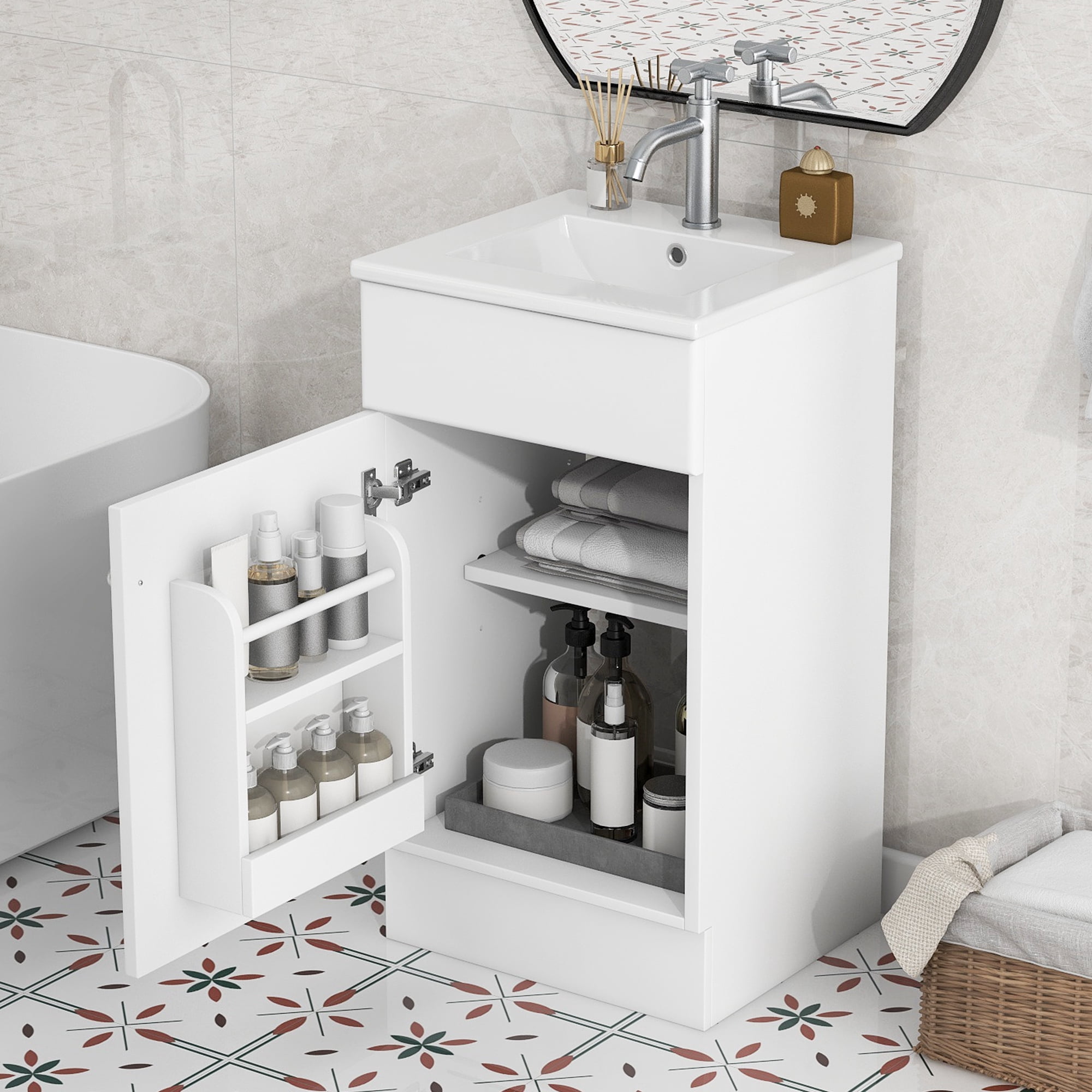 Harper & Bright Designs 18" Small Bathroom Vanity Sink Combo, Bathroom storage Cabinet with Door Shelf and Adjustable Shelf, Single Sink Bathroom Vanity, White