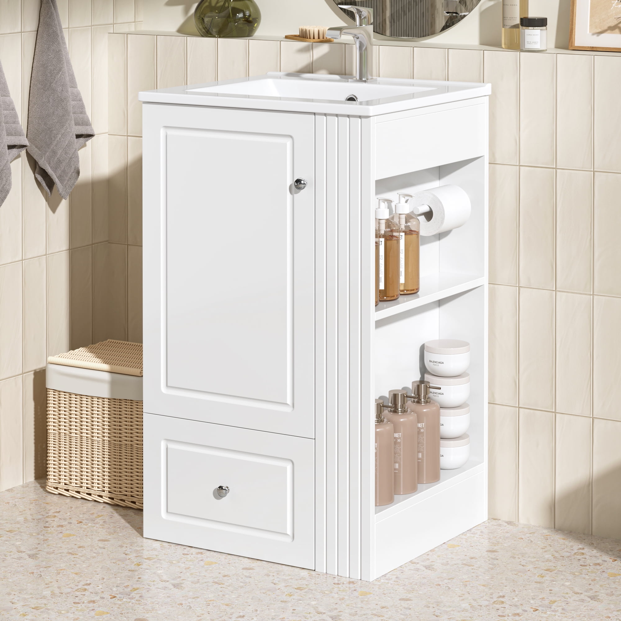 Harper & Bright Designs 20" Freestanding Bathroom Vanity with Ceramic Sink, Bathroom Sink Storage Cabinet with Right Storage Shelf for Small Bathroom, White