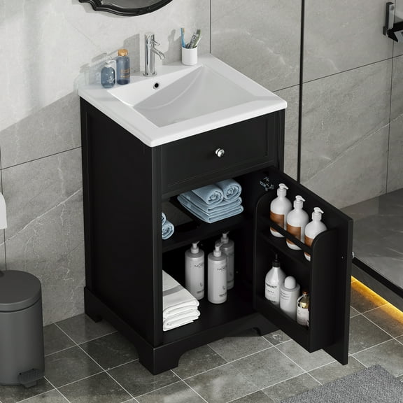 Harper & Bright Designs 20" Small Bathroom Vanity Sink Combo with Storage , Bathroom Floor Cabinet with Soft Closing Door and Adjustable Shelve, Black