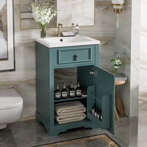 Harper & Bright Designs 20" Small Bathroom Vanity Sink Combo with Drawers, Bathroom Floor Cabinet with Shelf and Soft Close Door, Green