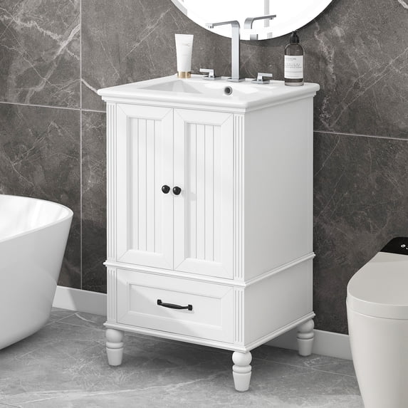Harper & Bright Designs 20" Small Bathroom Vanity Sink Combo with Storage , Wood Bathroom Floor Cabinet with Drawers and Doors, White