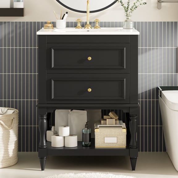 Harper & Bright Designs 24" Bathroom Vanity with Sink, Small Single Sink Bathroom Vanity with Drawers and Open Shelf, Freestanding Bathroom Storage Cabinet with Ceramic Basin, Black