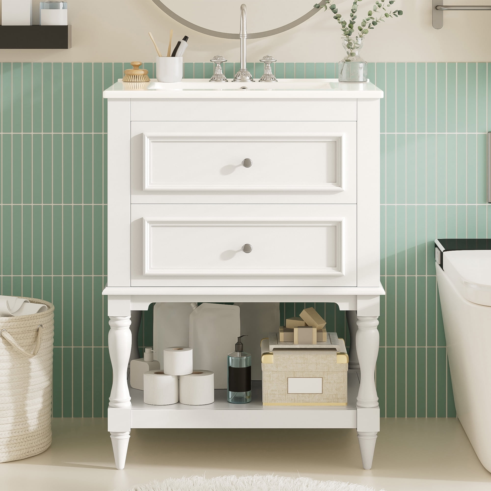 Harper & Bright Designs 24" Bathroom Vanity with Sink, Small Single Sink Bathroom Vanity with Drawers and Open Shelf, Freestanding Bathroom Storage Cabinet with Ceramic Basin, White